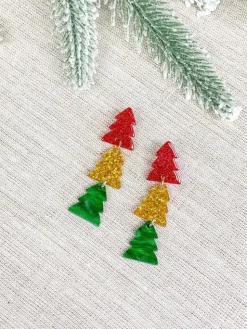 Acrylic Glitter Stacked Tree Dangle Earrings