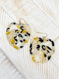 Acrylic Palm Leaf Dangle Earrings - Beige Multi