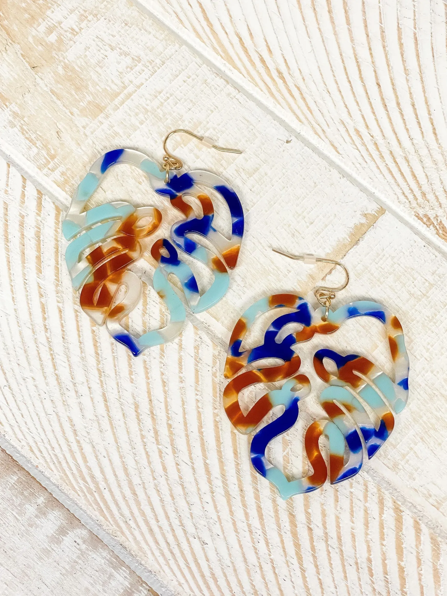 Acrylic Palm Leaf Dangle Earrings - Blue Multi