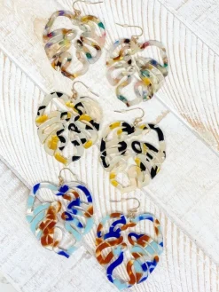 Acrylic Palm Leaf Dangle Earrings - Blue Multi