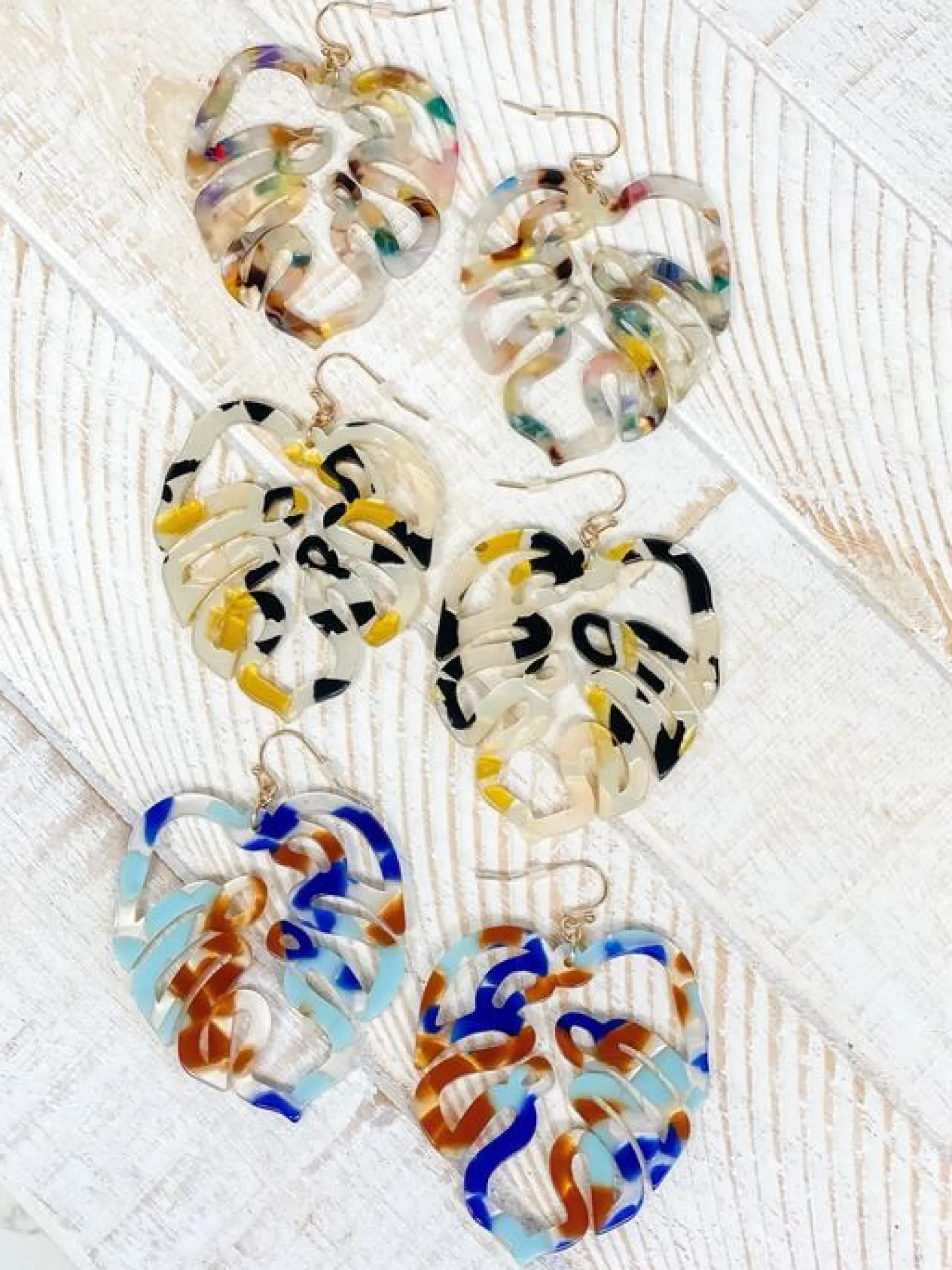 Acrylic Palm Leaf Dangle Earrings - Blue Multi