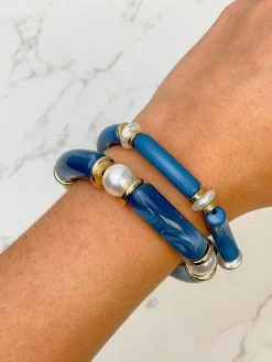Acrylic Pearl Tube Bracelet Set - Blue
