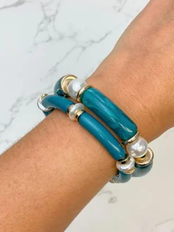 Acrylic Pearl Tube Bracelet Set - Teal