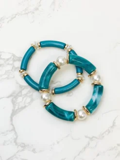 Acrylic Pearl Tube Bracelet Set - Teal
