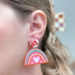 Acrylic Rainbow Heart Dangle Earrings