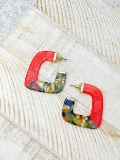 Acrylic Square Hoop Earrings - Red Multi