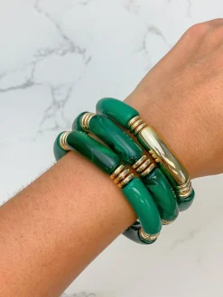 Acrylic Tube Stretch Bracelet Set - Emerald Green