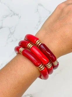 Acrylic Tube Stretch Bracelet Set - Red