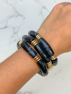 Acrylic Tube Stretch Bracelet Set - Black