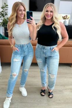 Aiden High Rise Patch Pocket Distressed Boyfriend Jeans by Judy Blue