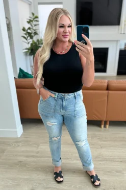 Aiden High Rise Patch Pocket Distressed Boyfriend Jeans by Judy Blue