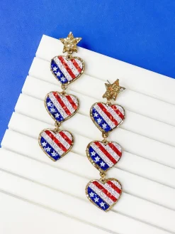 American Flag Heart Trio Dangle Earrings