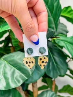 Animal Print Heart Statement Dangle Earrings - Tan