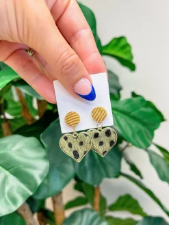 Animal Print Heart Statement Dangle Earrings - Olive