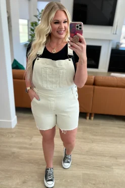 Anna High Rise Garment Dyed Cutoff Shortalls in Ecru by Judy Blue