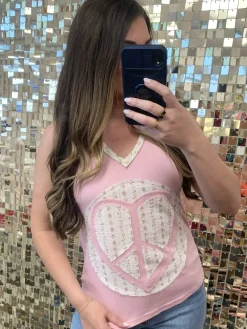 Applique Heart Peace Tank by POL - Strawberry Milk