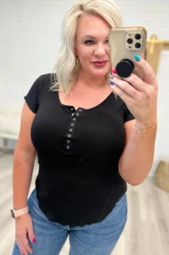 Baby Waffle Cap Sleeve Henley in Black