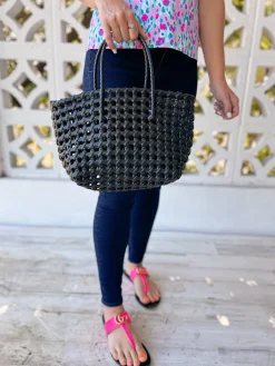 Basket Weave Plastic Tote Bag - Jet
