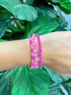 Bead & Clear Crystal Stretch Bracelet Set - Pink