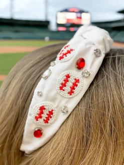 Beaded Baseball Embellished Headband - White