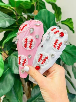 Beaded Baseball Embellished Headband - White