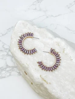 Beaded Burst Hoop Earrings - Purple