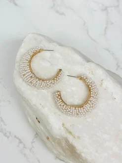 Beaded Cluster Open Hoop Earrings - White