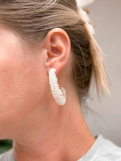 Beaded Cluster Open Hoop Earrings - White