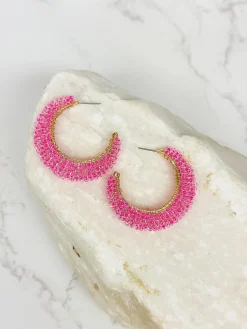 Beaded Cluster Open Hoop Earrings - Hot Pink