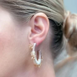 Beaded Floral Embellished Hoop Earrings - Gold