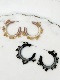 Beaded Floral Embellished Hoop Earrings - Gold