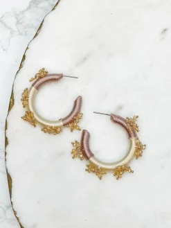Beaded Floral Embellished Hoop Earrings - Gold