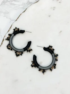 Beaded Floral Embellished Hoop Earrings - Black