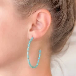 Beaded Gold Skinny Open Hoop Earrings - Aqua