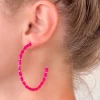 Beaded Gold Skinny Open Hoop Earrings - Pink