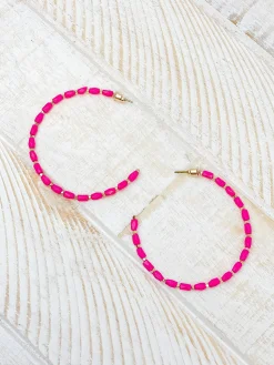 Beaded Gold Skinny Open Hoop Earrings - Pink