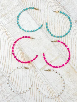Beaded Gold Skinny Open Hoop Earrings - Pink