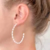Beaded Gold Skinny Open Hoop Earrings - White