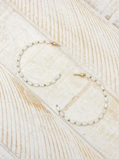 Beaded Gold Skinny Open Hoop Earrings - White