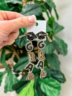 Beaded 'Grad' Dangle Earrings - Gold