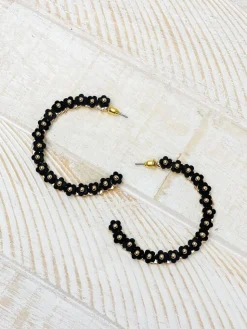 Beaded Mini Flower Lined Hoop Earrings - Black