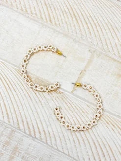 Beaded Mini Flower Lined Hoop Earrings - Ivory