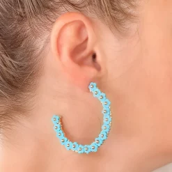 Beaded Mini Flower Lined Hoop Earrings - Aqua