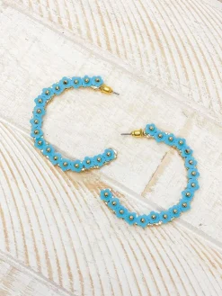 Beaded Mini Flower Lined Hoop Earrings - Aqua