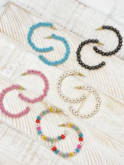 Beaded Mini Flower Lined Hoop Earrings - Pink