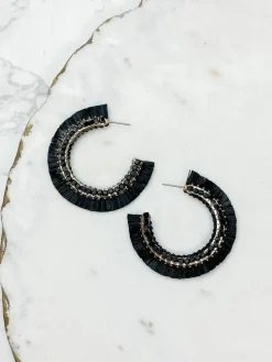 Beaded Raffia Hoop Earrings - Black