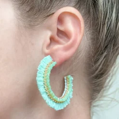 Beaded Raffia Hoop Earrings - Mint