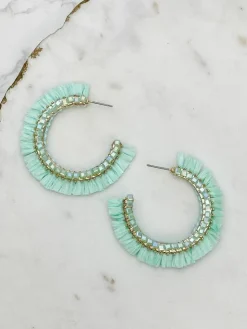 Beaded Raffia Hoop Earrings - Mint