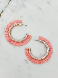 Beaded Raffia Hoop Earrings - Coral