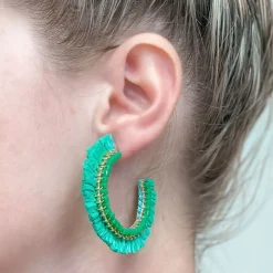 Beaded Raffia Hoop Earrings - Green